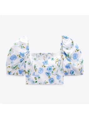 Zara White Crop Top with Blue Floral Print-Ladies size small